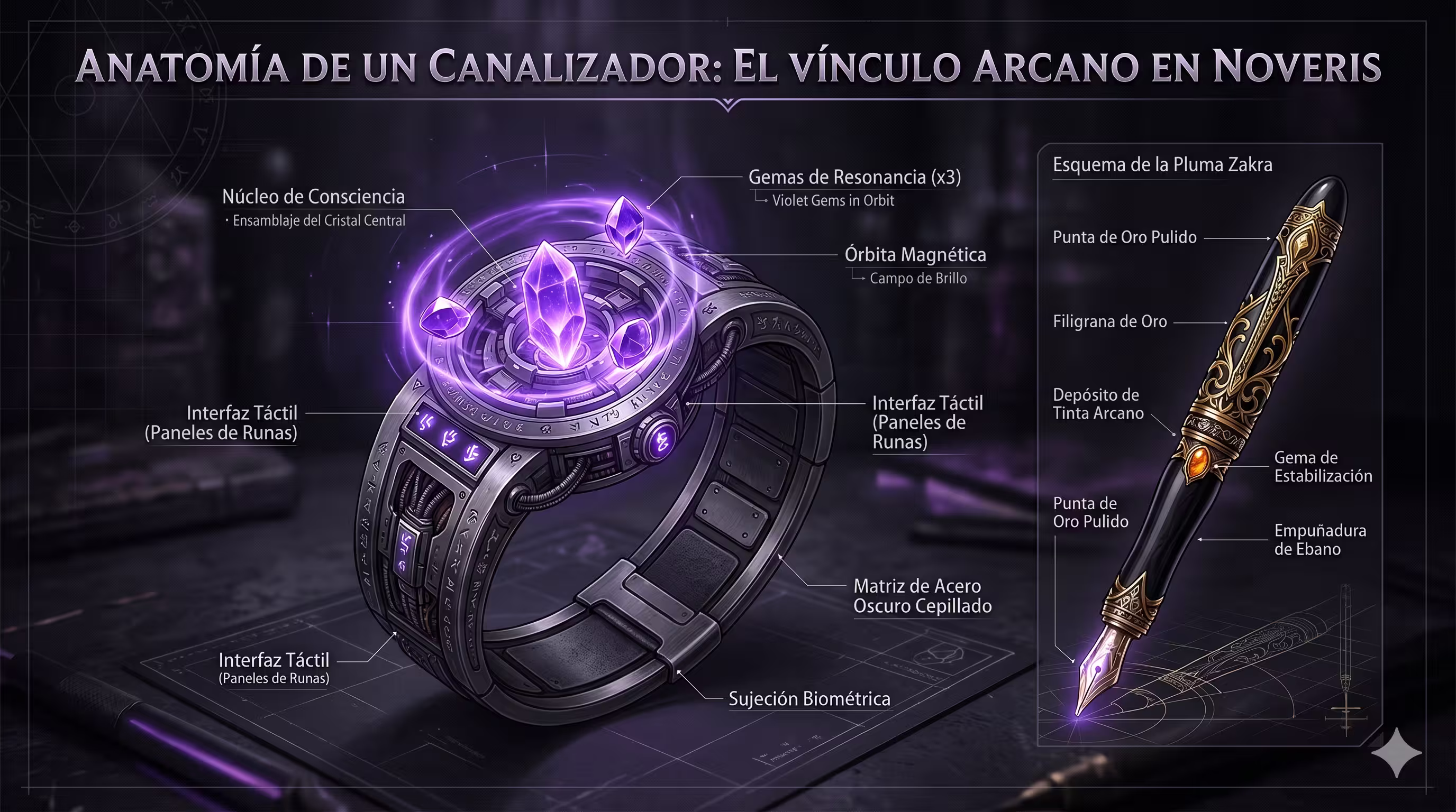 Diagrama técnico del sistema de canalizadores de Noveris, mostrando vínculo, memoria material y coste mágico