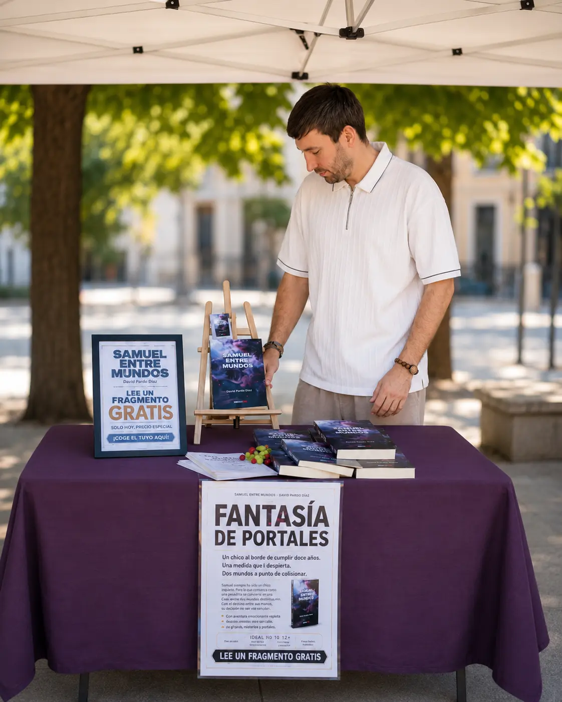 David Porto Díaz colocando ejemplares de Samuel entre mundos en la Feria del Libro de Aranjuez 2026
