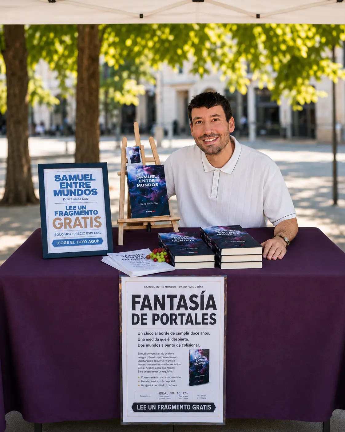David Porto Díaz firmando ejemplares de Samuel entre mundos en la caseta de la Feria del Libro de Aranjuez 2026