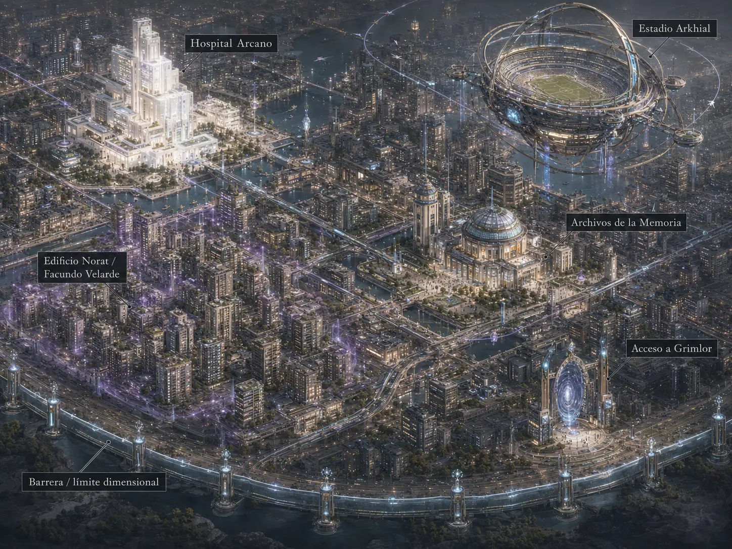 Mapa funcional de Noveris con Grimlor, Hospital Arcano, Archivos de la Memoria, estadio de Glíder y la Barrera
