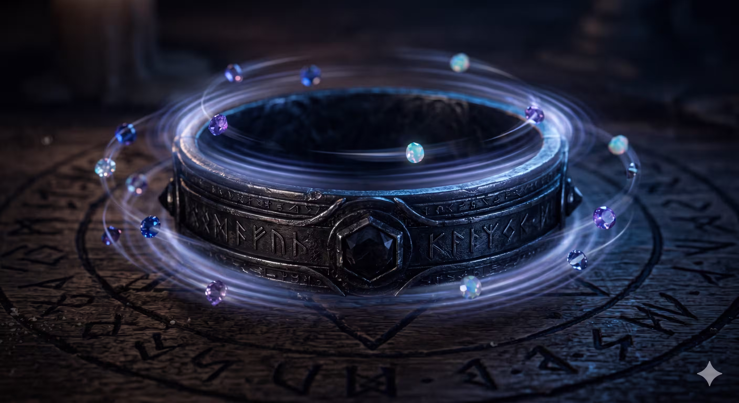Sael, brazalete arcano de metal oscuro con gemas flotantes, canalizador de Víctor Osborne en Noveris